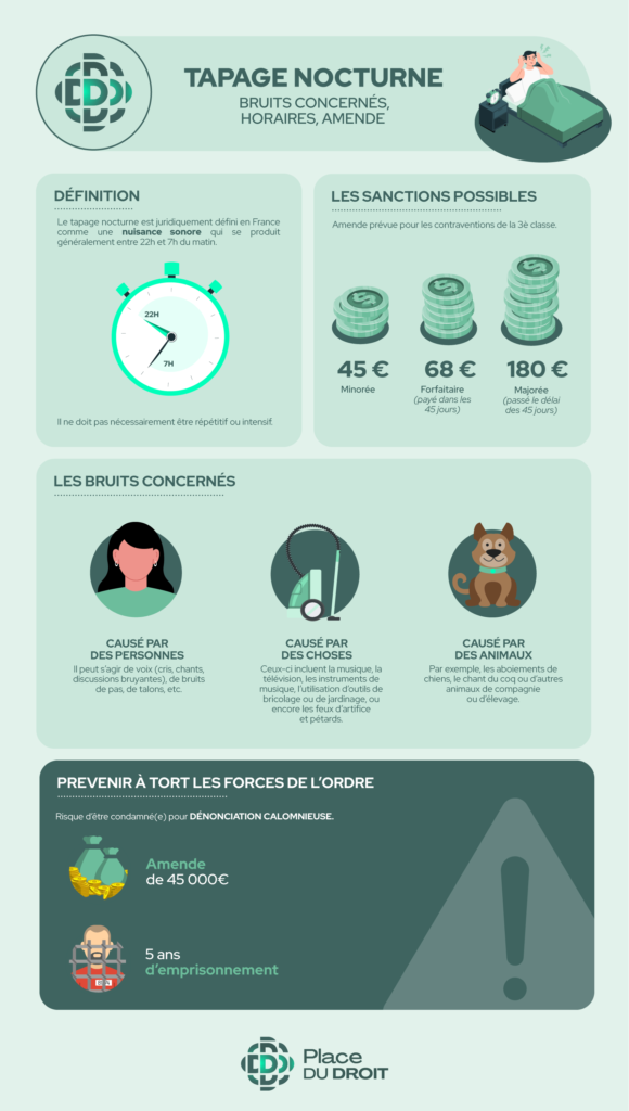 Infographie sur le tapage nocturne notamment les bruits concernés et les peines encourues